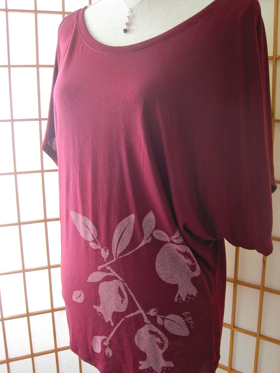 wine colored dolman top with pomegranate design
