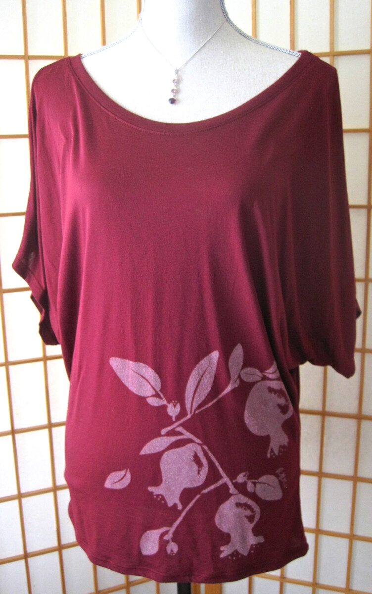 wine colored dolman top with pomegranate design