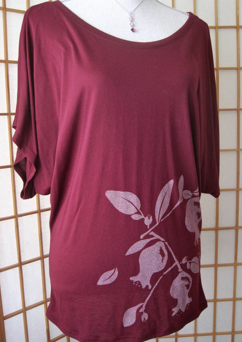 wine colored dolman top with pomegranate design