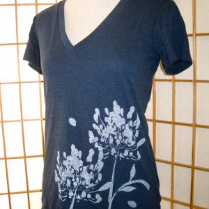 Blue v-neck tee with agapanthus print