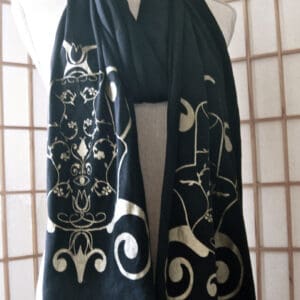 Long Black Scarf with Gold Hamsa